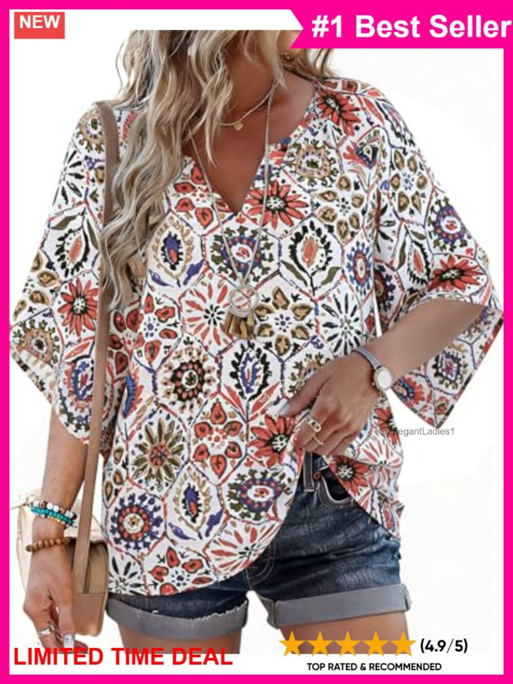 Womens Boho Cotton Tunic Top V Neck 3/4 Flare Sleeve Peasant Blouse